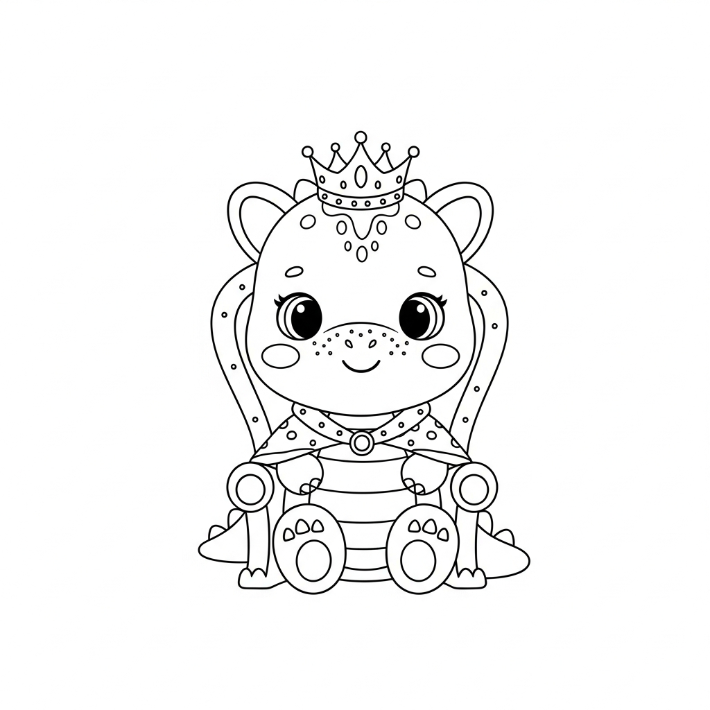 Desenho de dinossauro para colorir vestido de rainha em trono majestoso
