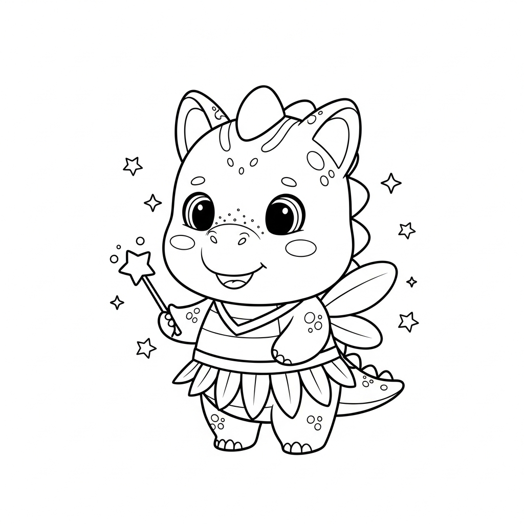 Desenho de dinossauro para colorir vestido de fada com varinha estrelada