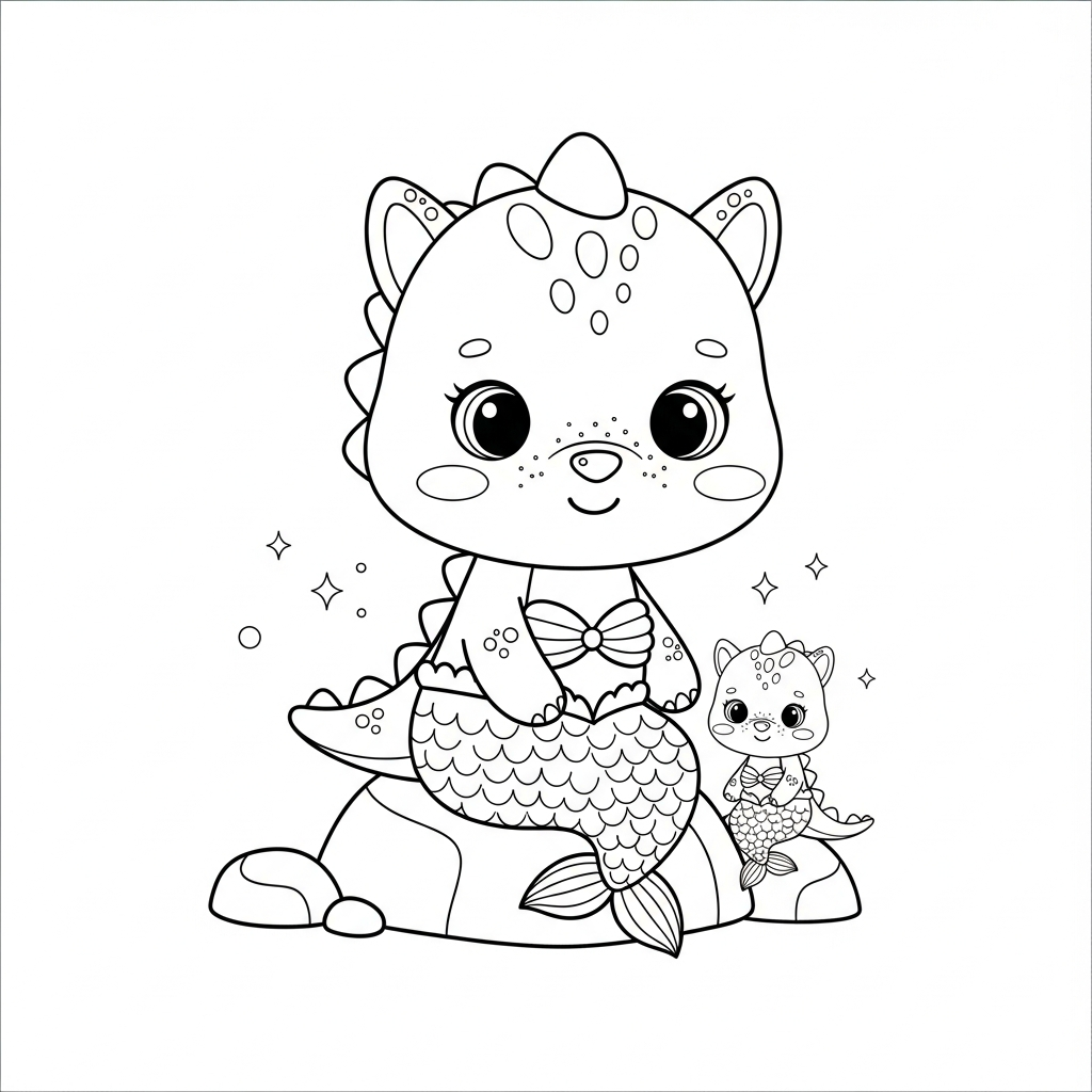 Desenho de dinossauro para colorir vestido de sereia sentado em rocha