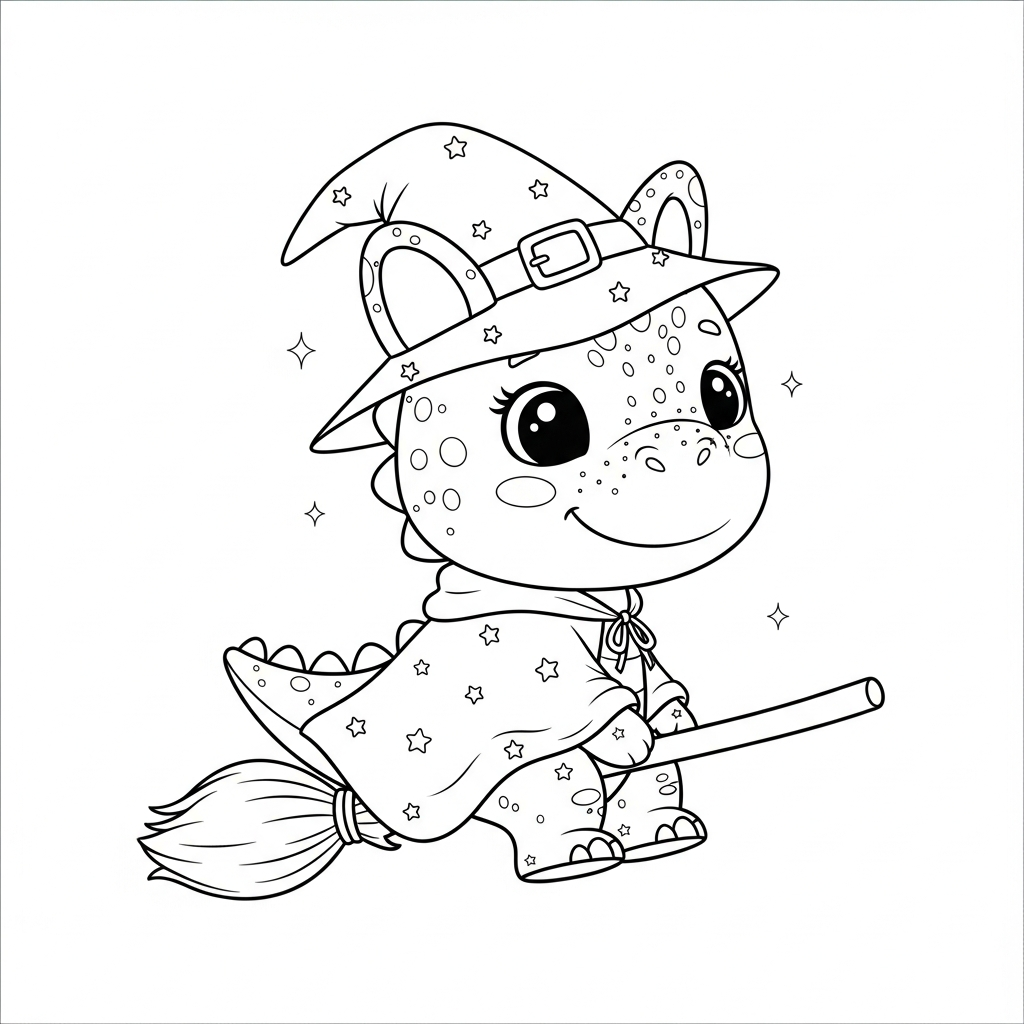 Desenho de dinossauro para colorir vestido de bruxinha boazinha em vassoura