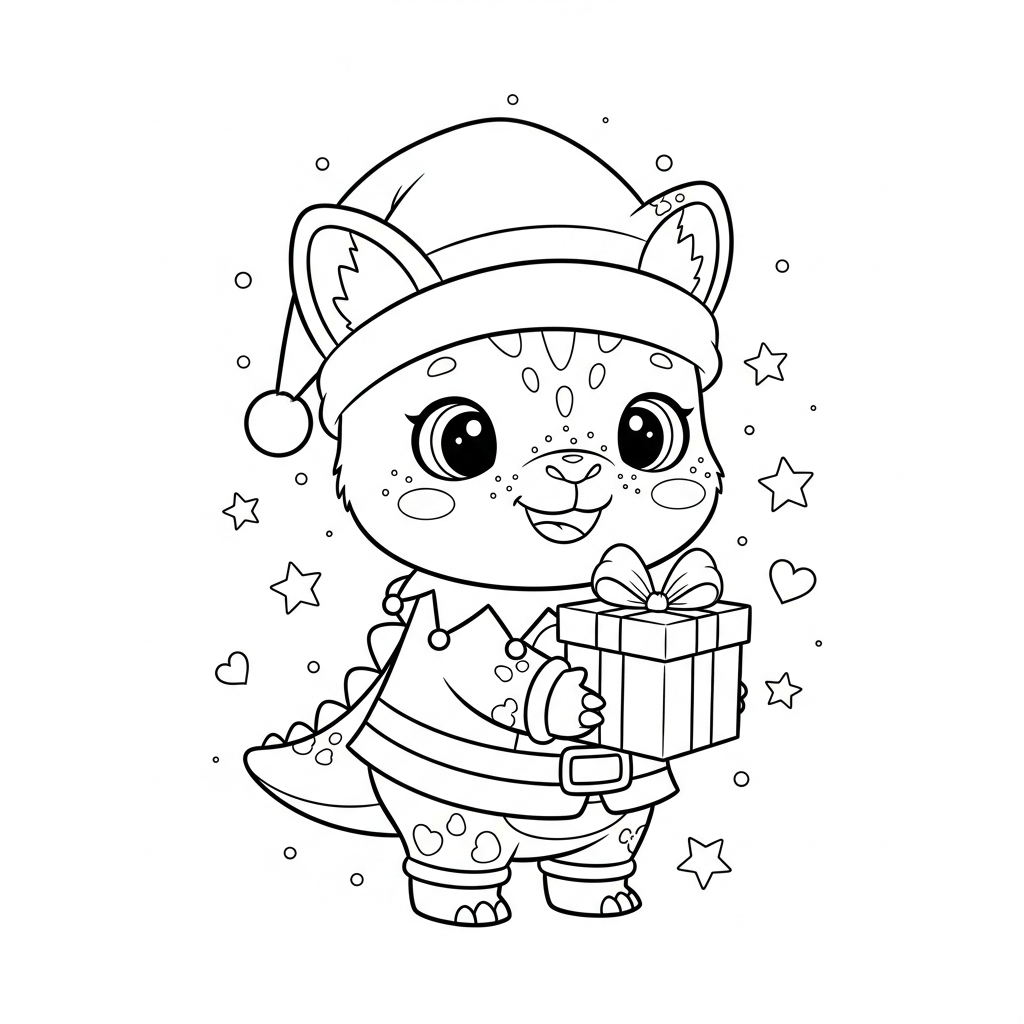 Desenho de dinossauro para colorir vestido de duende natalino entregando presente com estrelinhas e corações