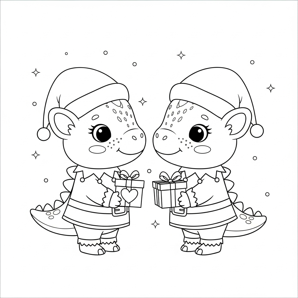 Desenho de dinossauro para colorir vestido de duende entregando presente com sininho