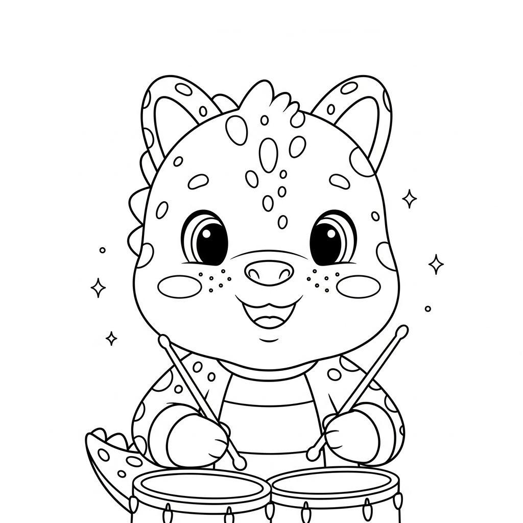 Desenho de dinossauro para colorir tocando bateria com baquetas alegremente