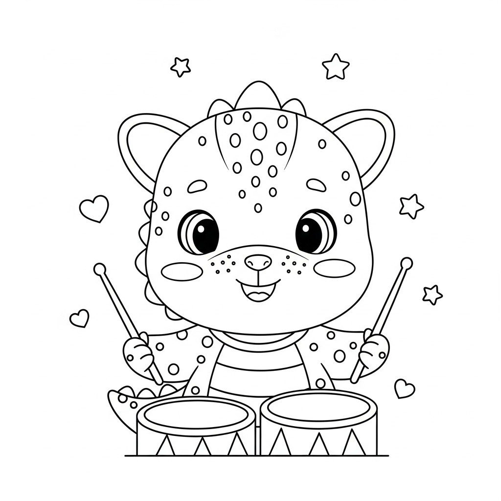 Desenho de dinossauro para colorir tocando bateria com baquetas, entre estrelinhas e corações.