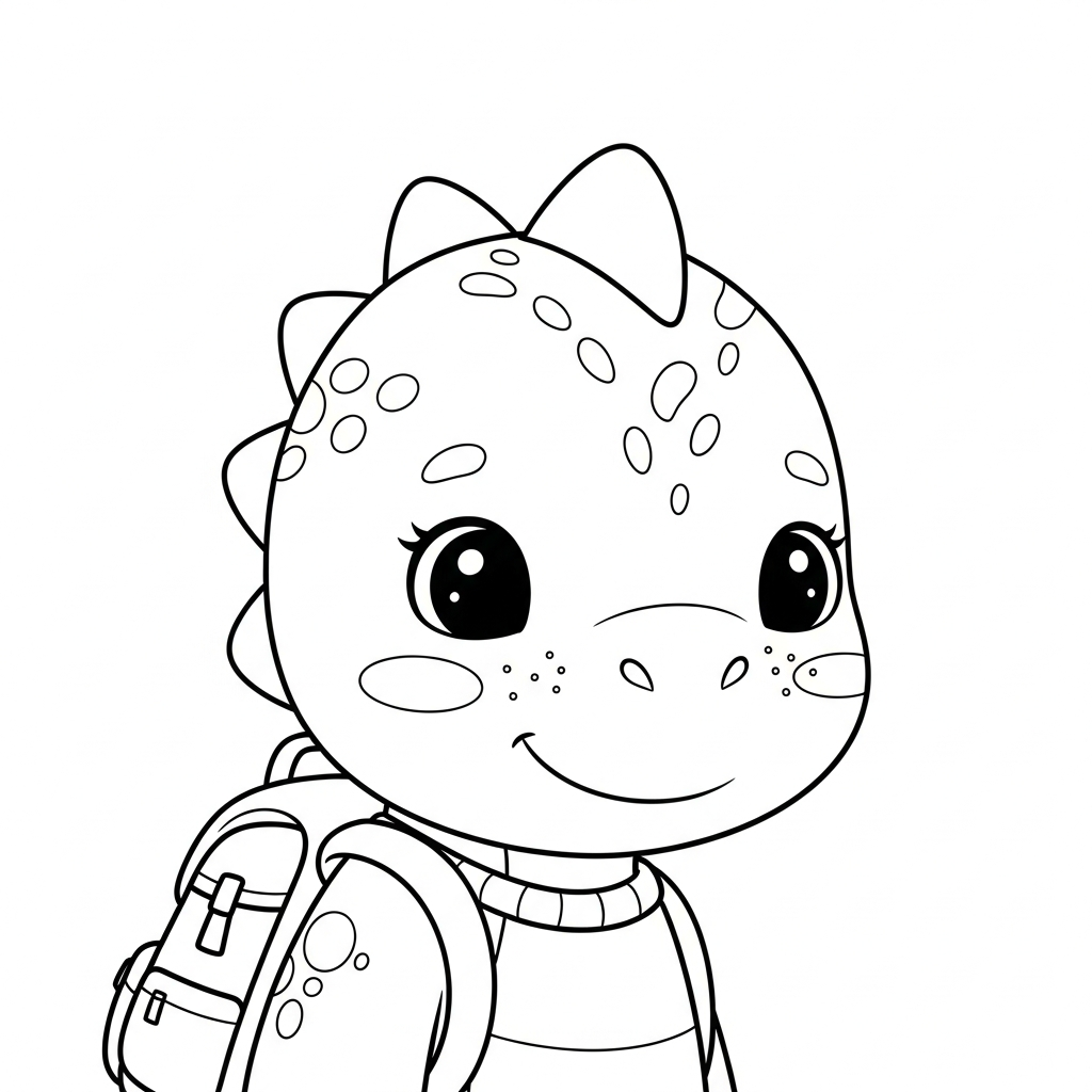 Desenho de dinossauro para colorir explorando floresta com mochila e pequena bússola.