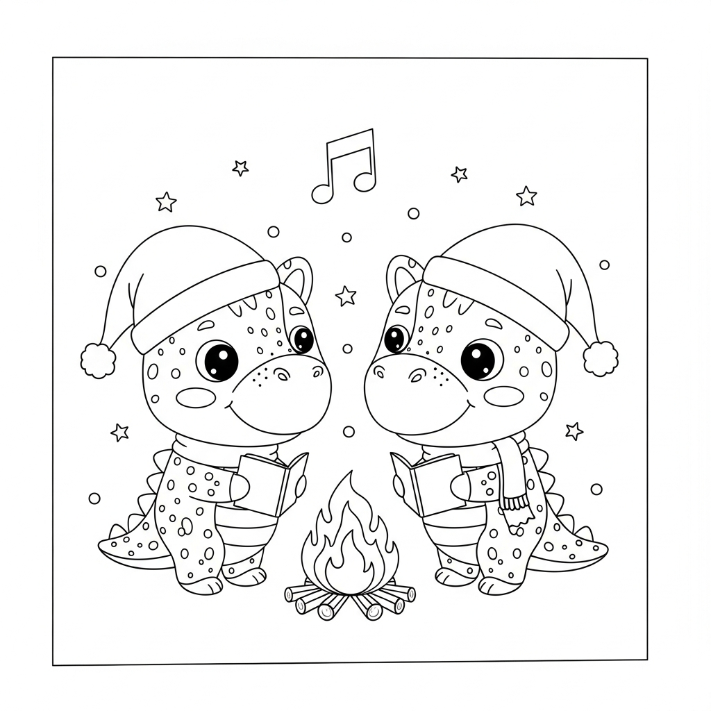Desenho de dinossauro para colorir cantando ao redor de uma fogueira natalina