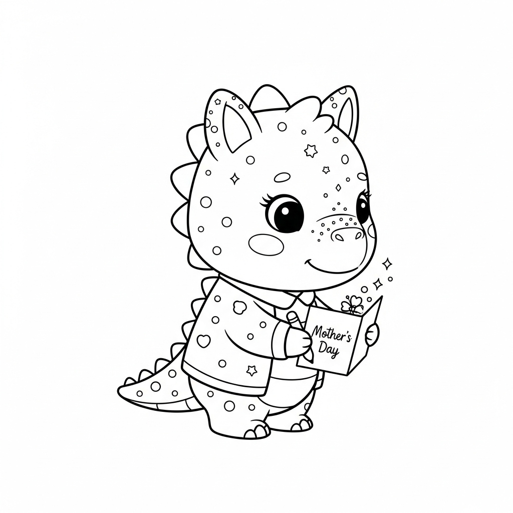 Desenho de dinossauro para colorir escrevendo cartão de Dia das Mães