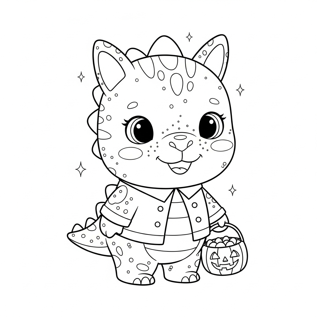 Desenho de dinossauro para colorir trocando guloseima de Halloween com cesta