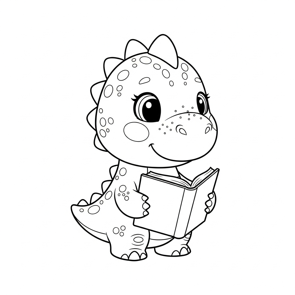 Desenho de dinossauro para colorir segurando livro aberto na frente