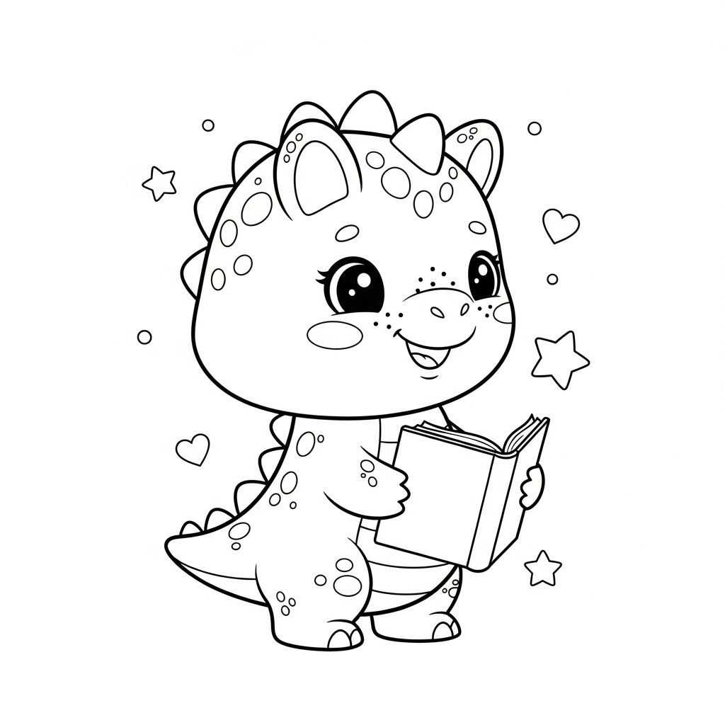 Desenho de dinossauro para colorir segurando livro aberto entre estrelinhas e corações