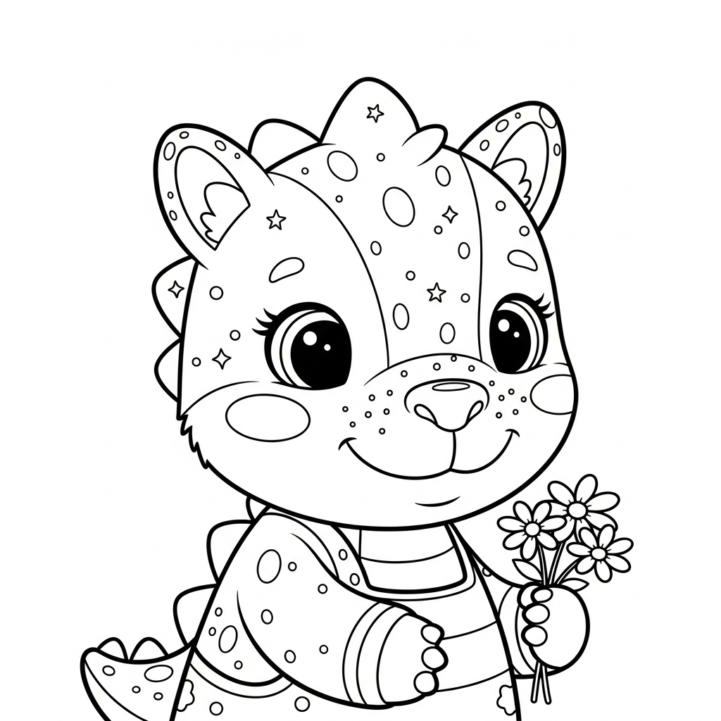 Desenho de dinossauro para colorir colhendo flores no campo alegremente
