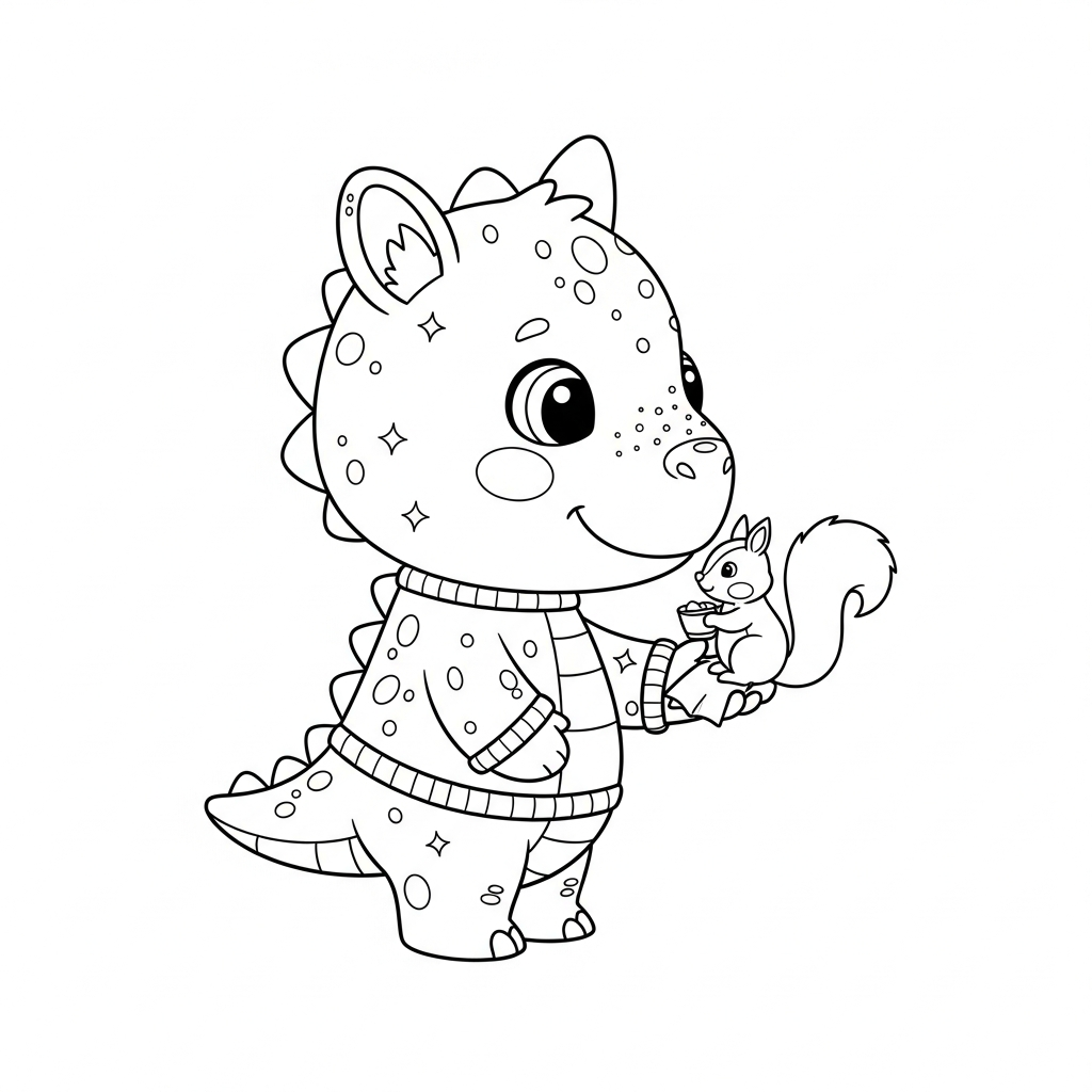 Desenho de dinossauro para colorir alimentando um esquilo na mão