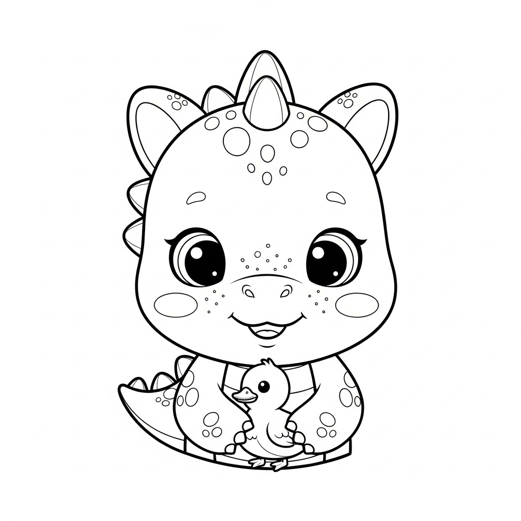 Desenho de dinossauro para colorir cuidando carinhosamente de um filhote de pato