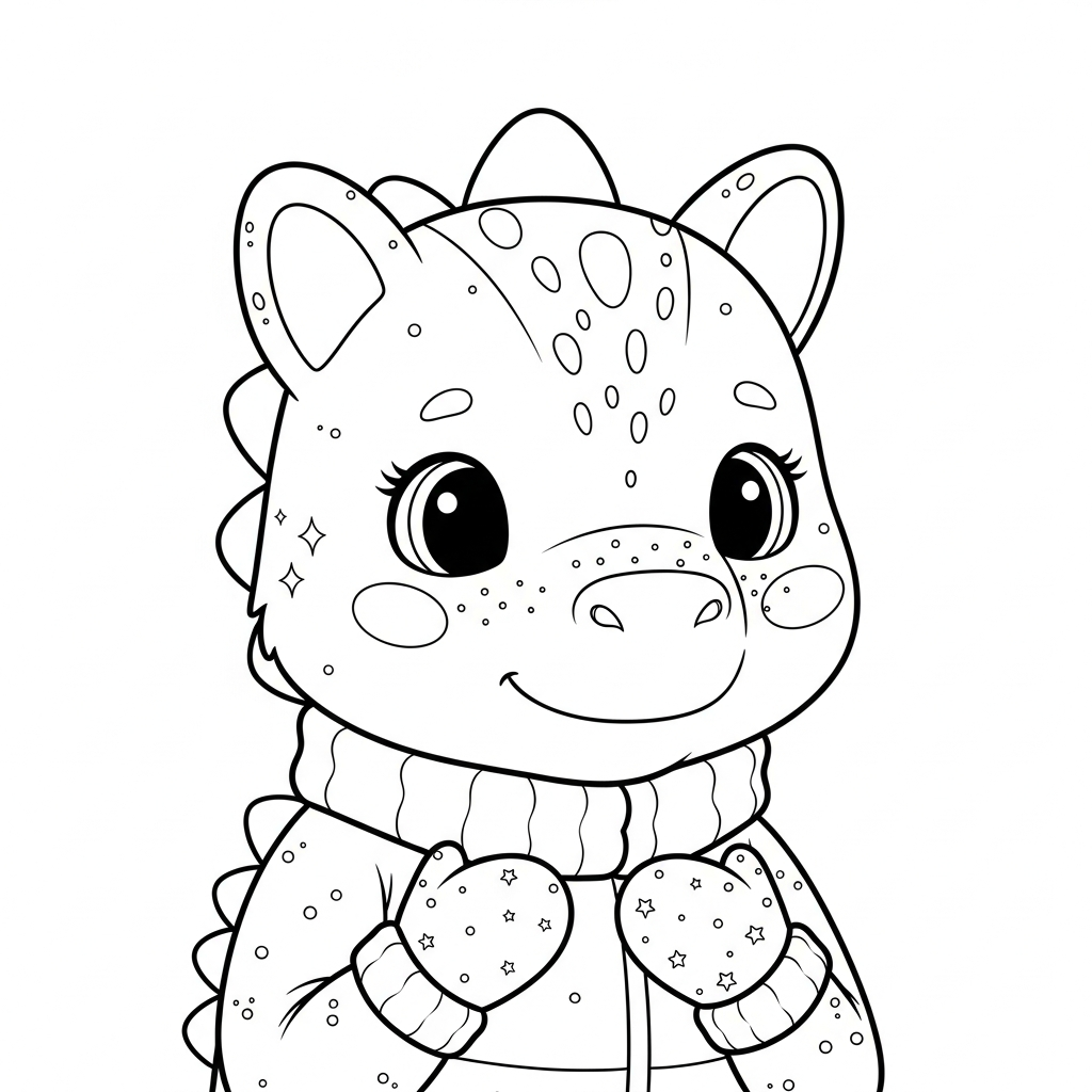 Desenho de dinossauro para colorir em traje de inverno com luvas grossas