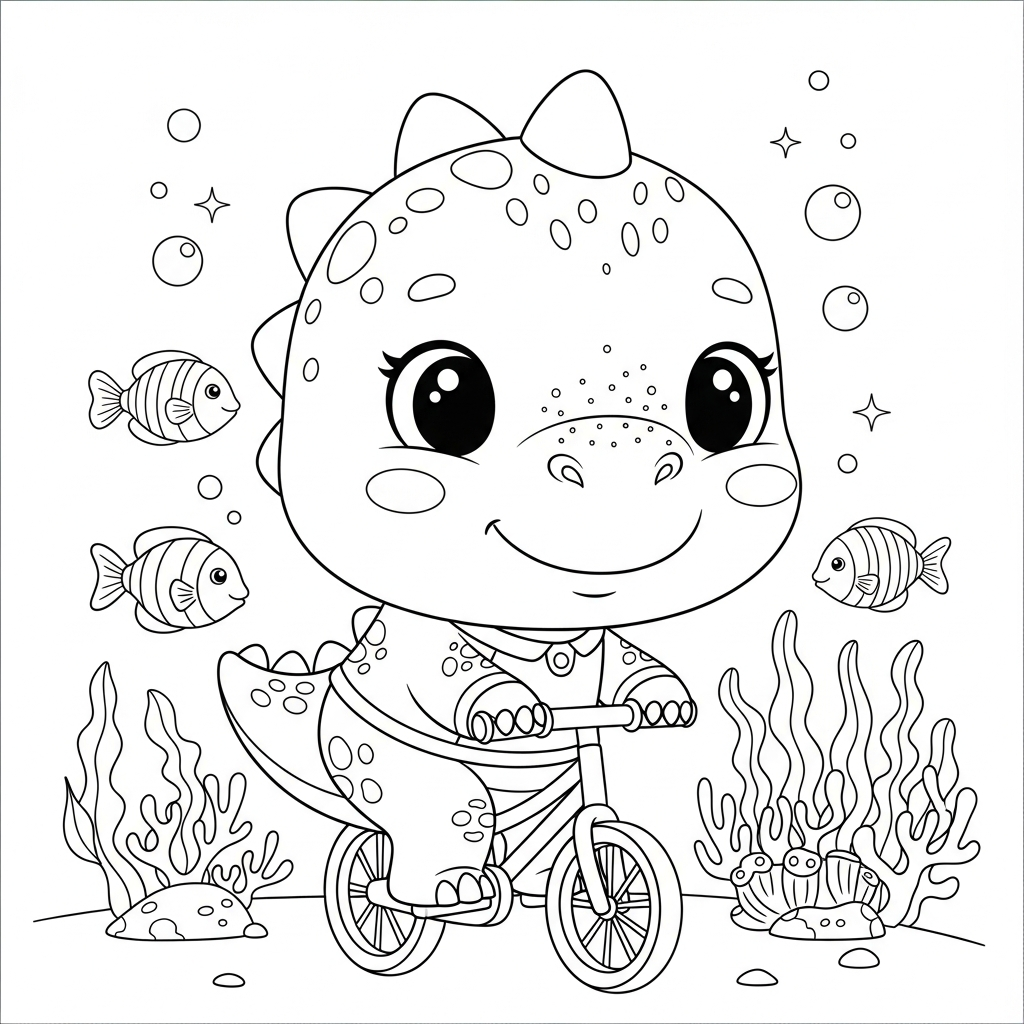 Desenho de dinossauro para colorir andando de bicicleta pequena no fundo do mar.