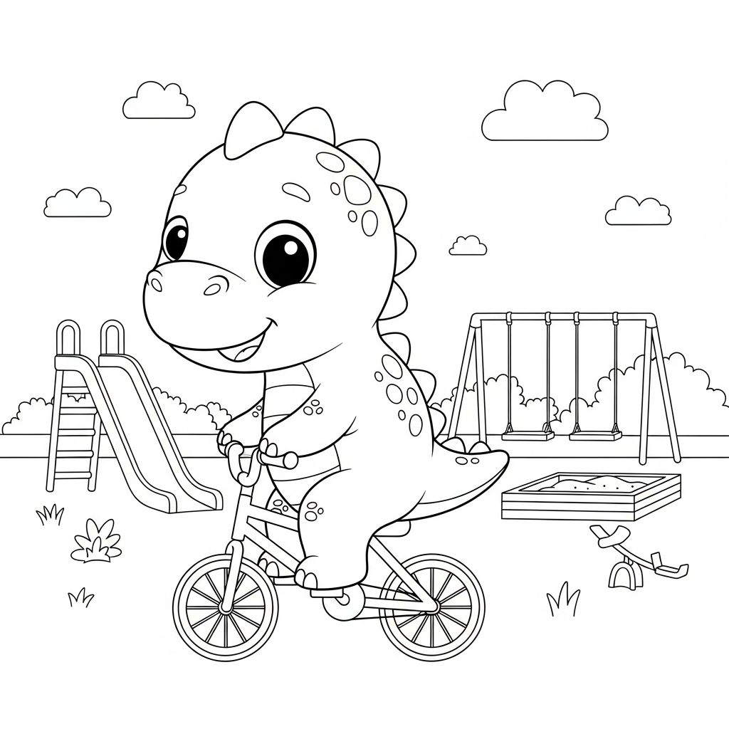 Desenho de dinossauro para colorir andando de bicicleta pequena no playground com escorregador.