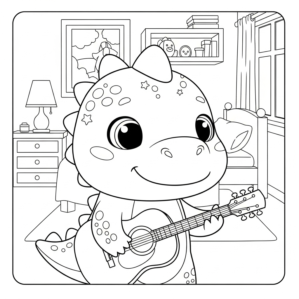 Desenho de dinossauro para colorir tocando violão no quarto com cama e brinquedos.