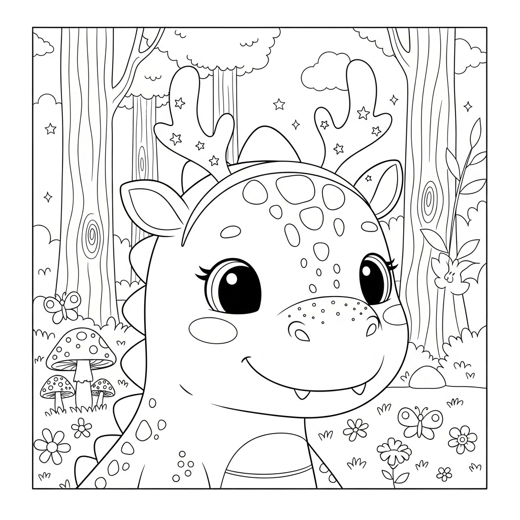 Desenho de dinossauro para colorir usando chifres de rena na floresta com cogumelos e borboletas