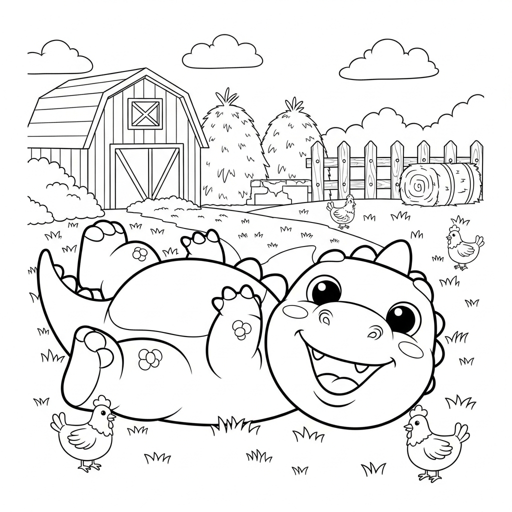 Desenho de dinossauro para colorir rindo deitado de costas na fazenda com celeiro.