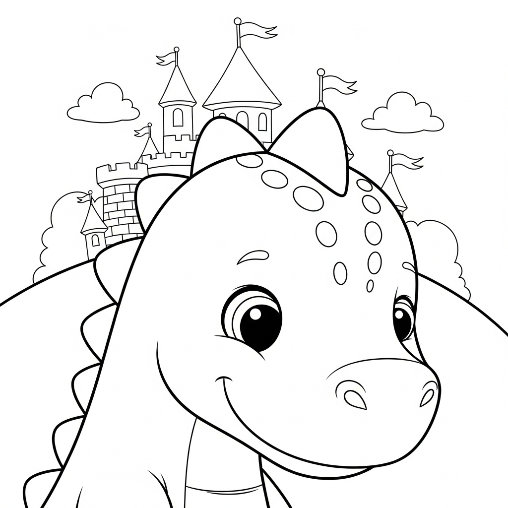 Desenho de dinossauro para colorir sorrindo timidamente olhando para baixo no castelo encantado.