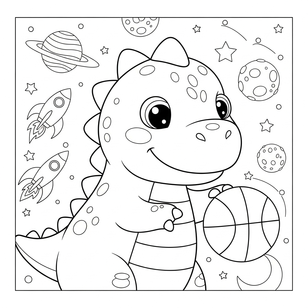 Desenho de dinossauro para colorir driblando bola de basquete no espaço com planetas e foguete.