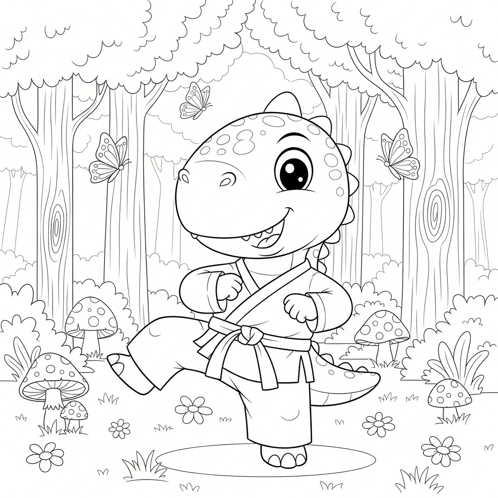 Desenho de dinossauro para colorir praticando karatê em floresta com cogumelos e borboletas