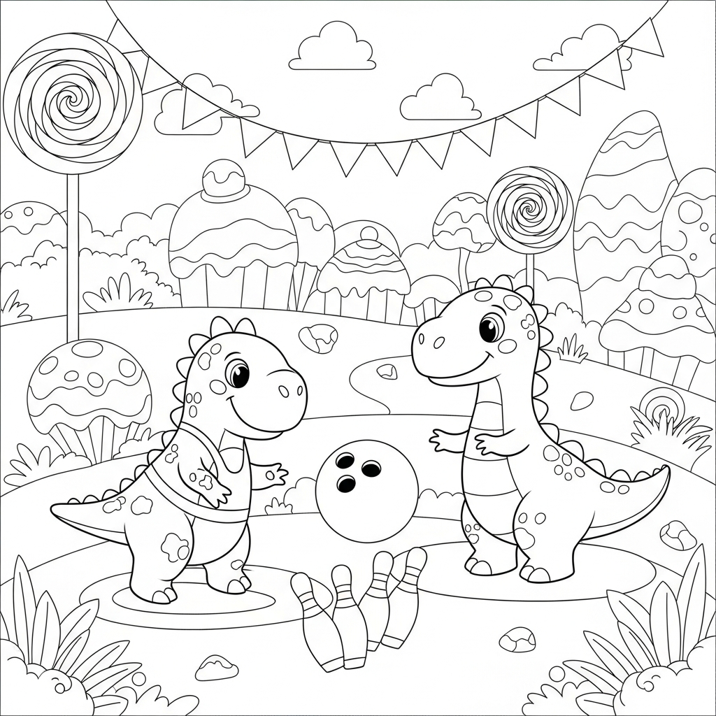 Desenho de dinossauro para colorir jogando boliche na terra dos doces