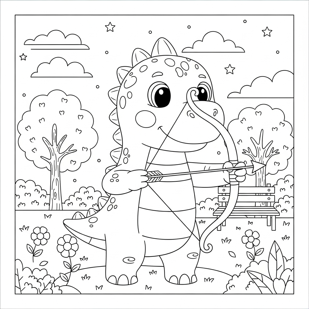 Desenho de dinossauro para colorir praticando arco e flecha em parque ensolarado com árvores.