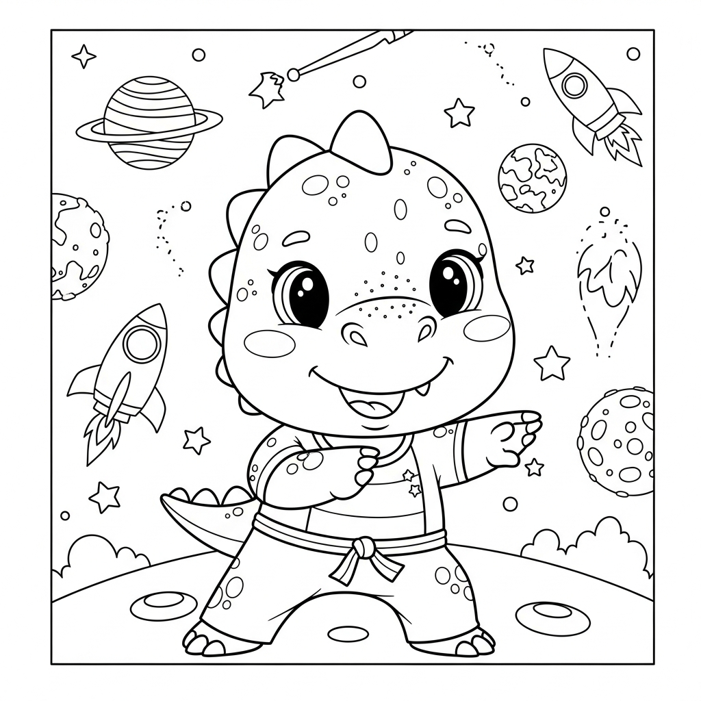 Desenho de dinossauro para colorir praticando capoeira entre planetas e foguete