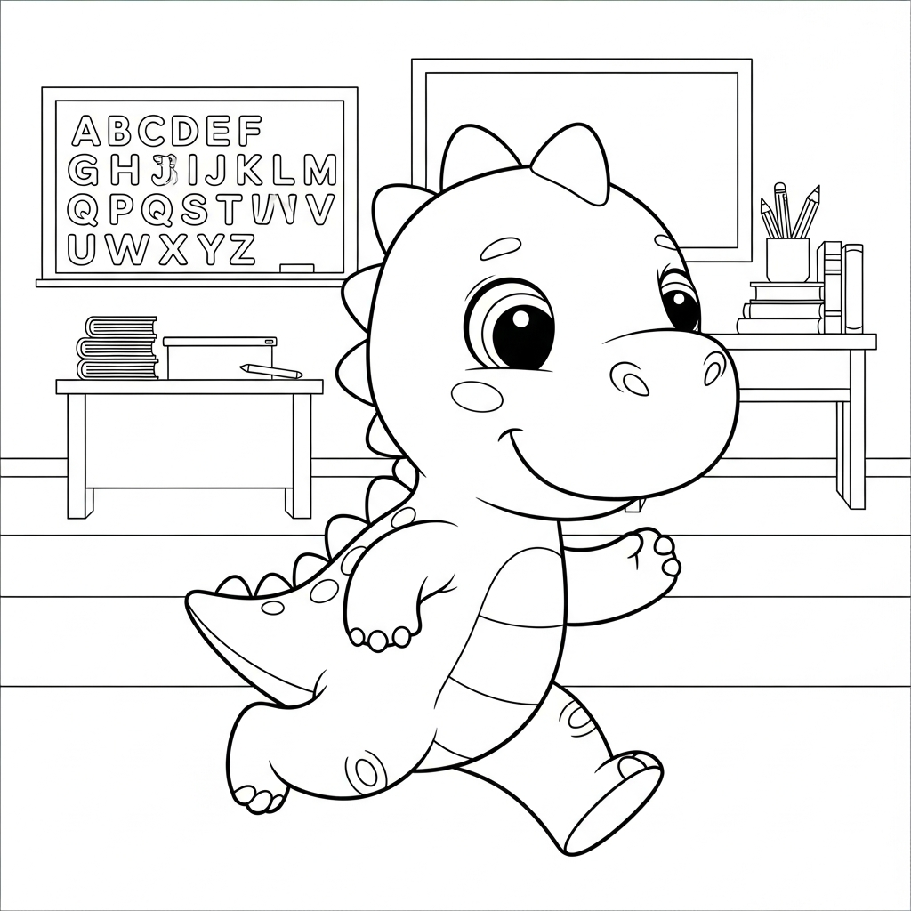 Desenho de dinossauro para colorir brincando de pega-pega na sala com lousa.