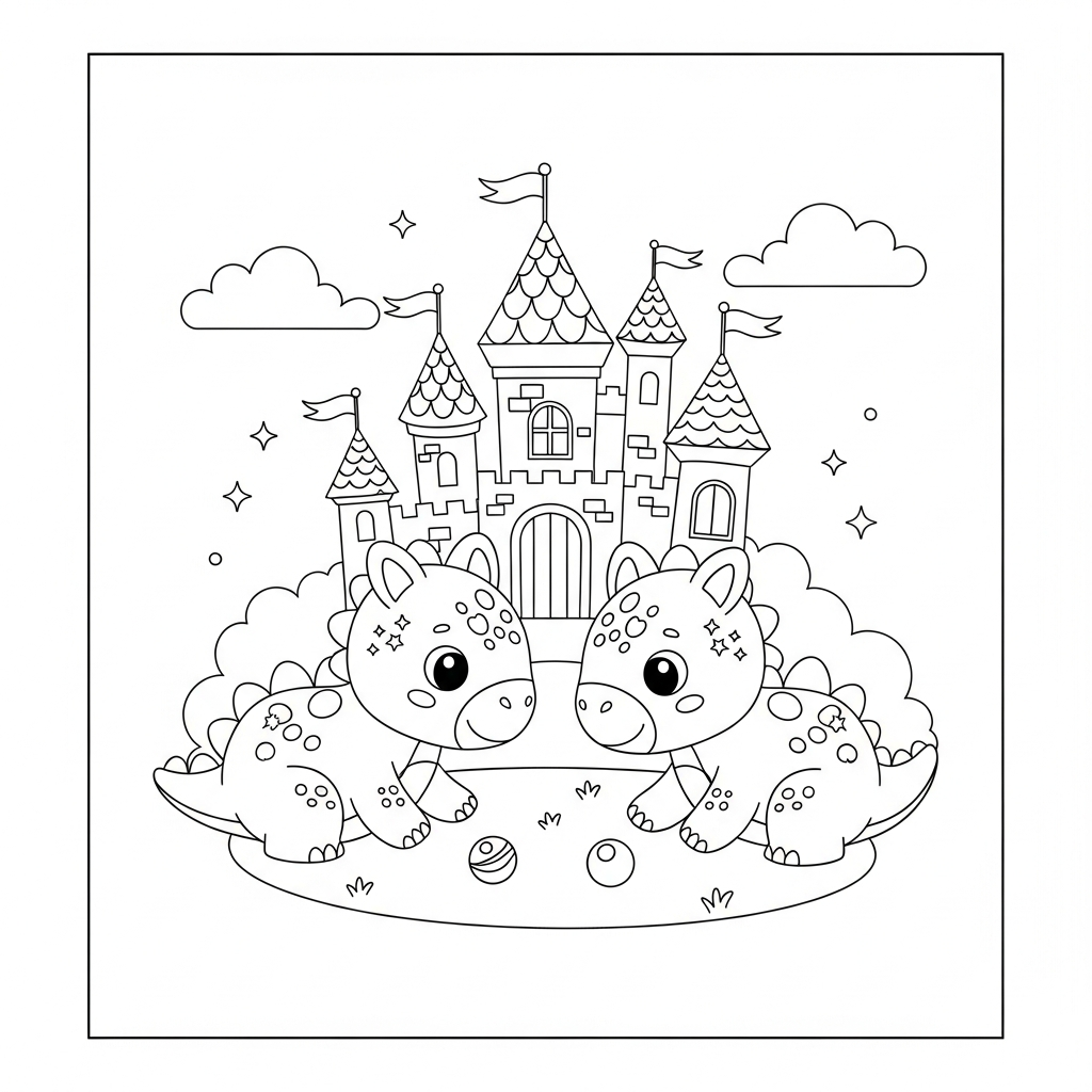 Desenho de dinossauro para colorir jogando bolinhas de gude no castelo de conto de fadas.