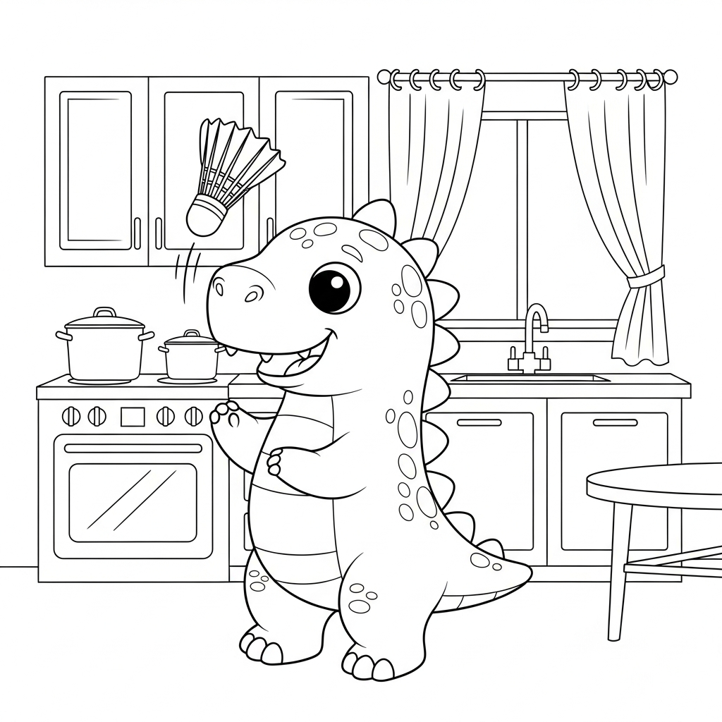 Desenho de dinossauro para colorir arremessando peteca na cozinha com forno e panelas.