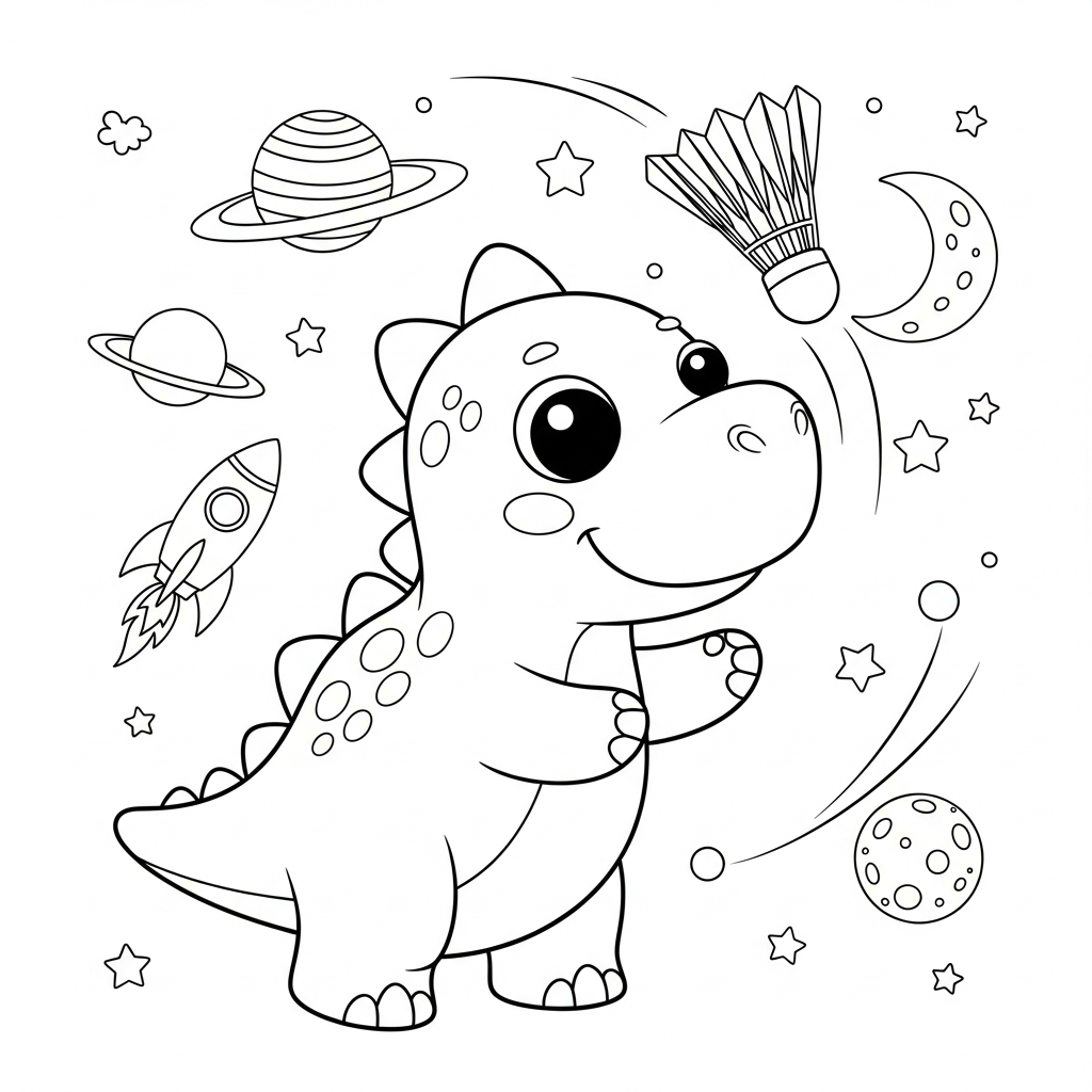 Desenho de dinossauro para colorir arremessando peteca no espaço com planetas e foguete
