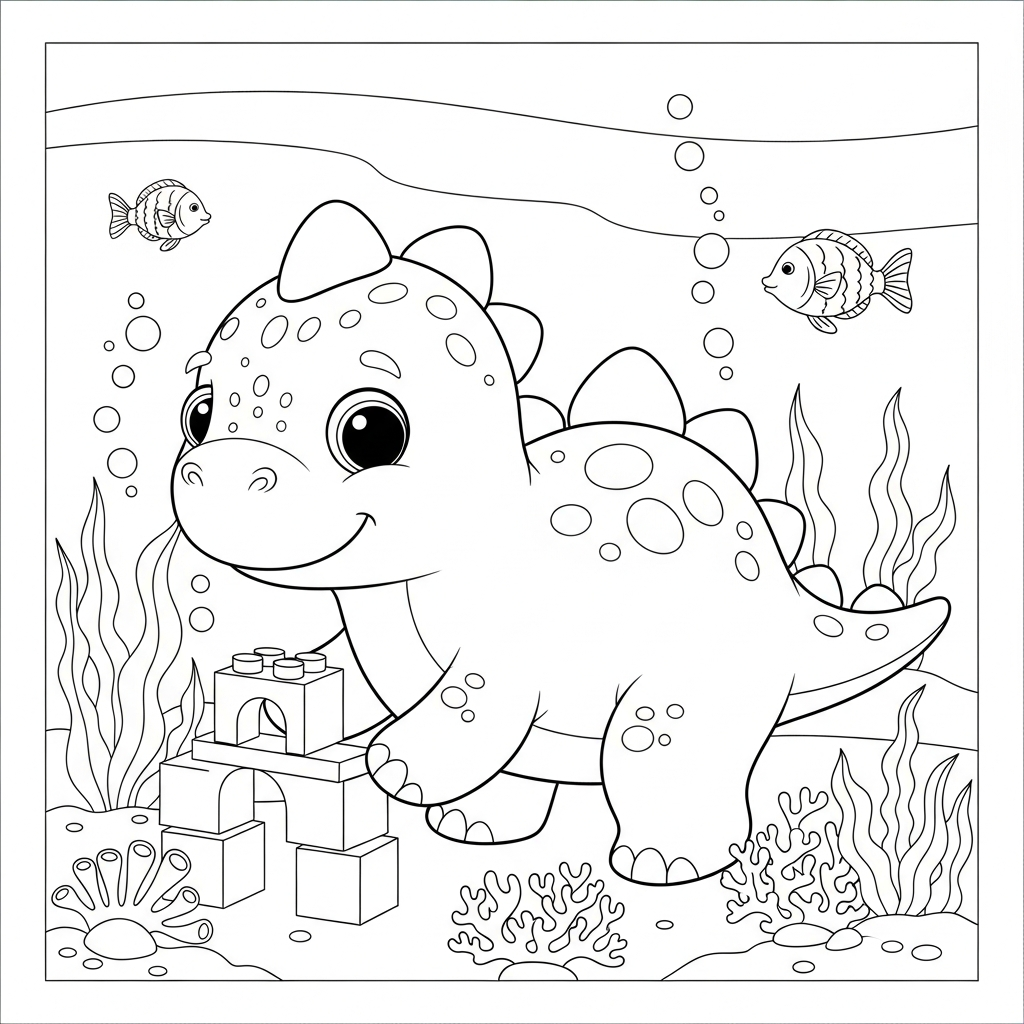 Desenho de dinossauro para colorir brincando com blocos no fundo do mar.