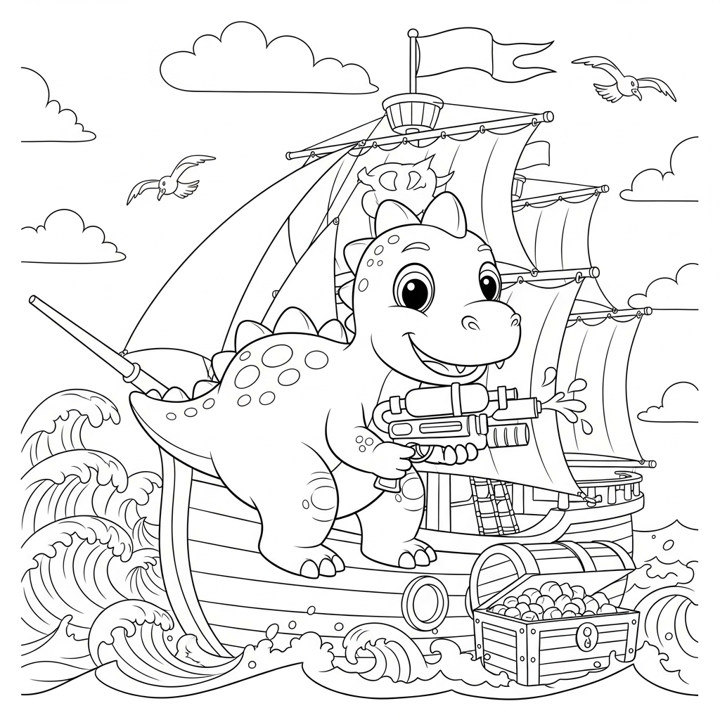 Desenho de dinossauro para colorir brincando com pistola de água em navio pirata