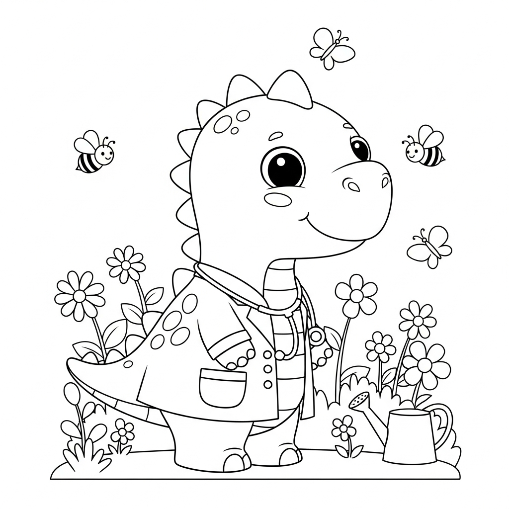 Desenho de dinossauro para colorir vestido de médico no jardim com flores e abelhas.