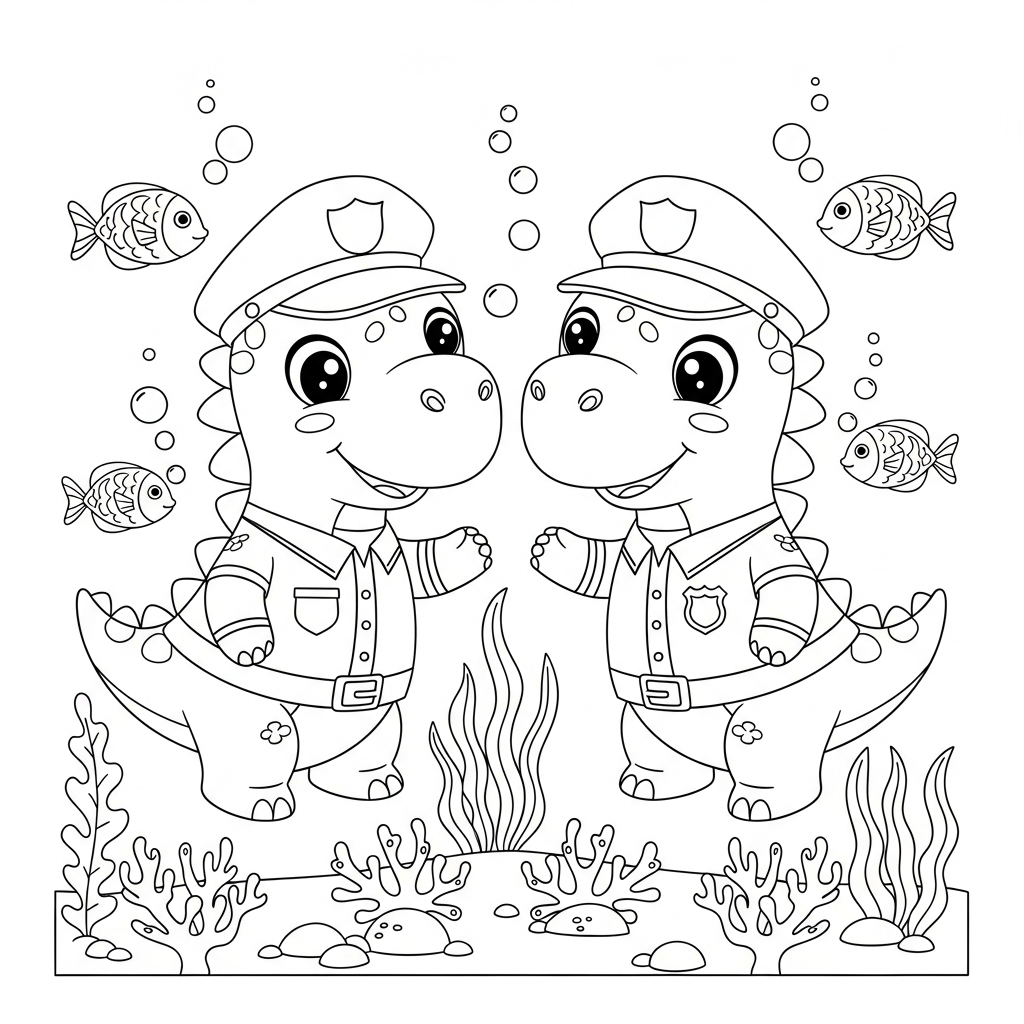Desenho de dinossauro para colorir vestido de policial no fundo do mar com peixes e corais