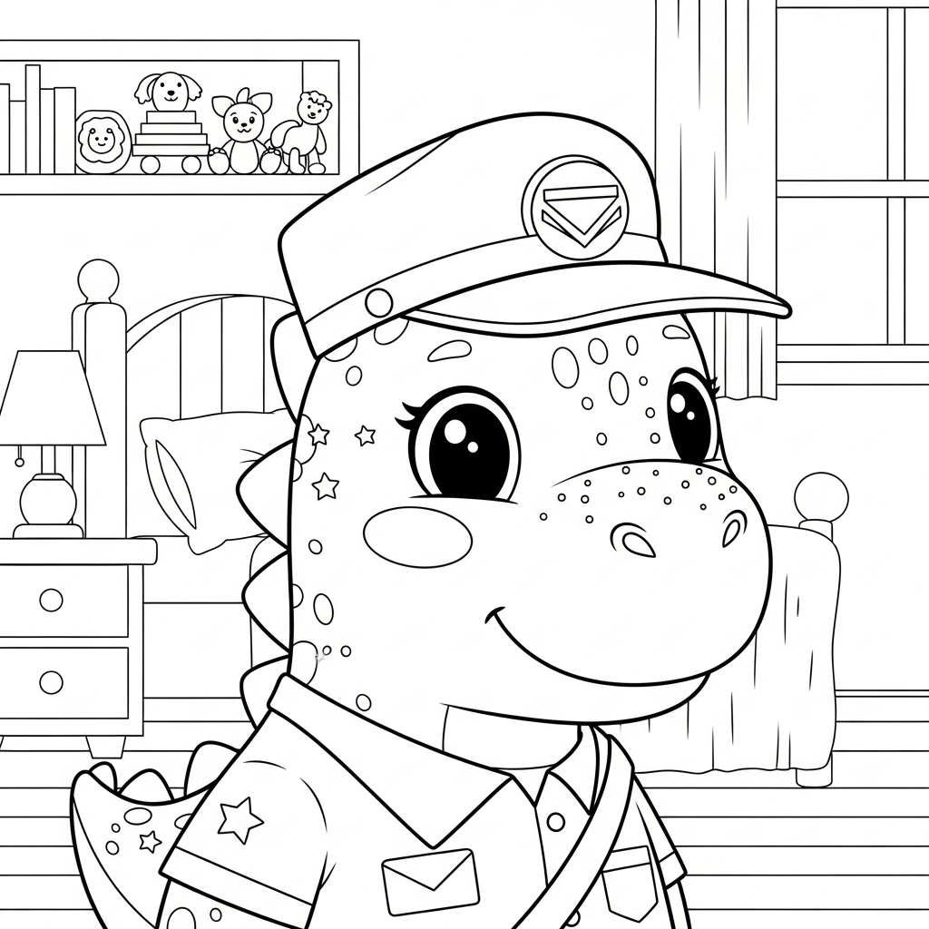 Desenho de dinossauro para colorir vestido de carteiro em quarto com cama e brinquedos