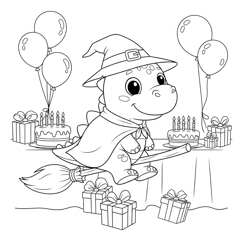 Desenho de dinossauro para colorir vestido de bruxinha boazinha em vassoura na festa de aniversário.
