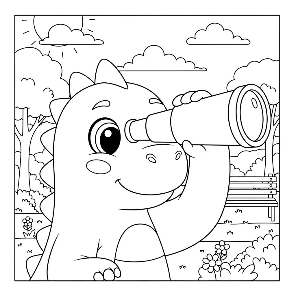 Desenho de dinossauro para colorir observando estrelas com telescópio em parque ensolarado com árvores