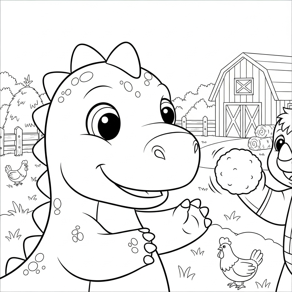 Desenho de dinossauro para colorir jogando bola de neve em amigo na fazenda com celeiro