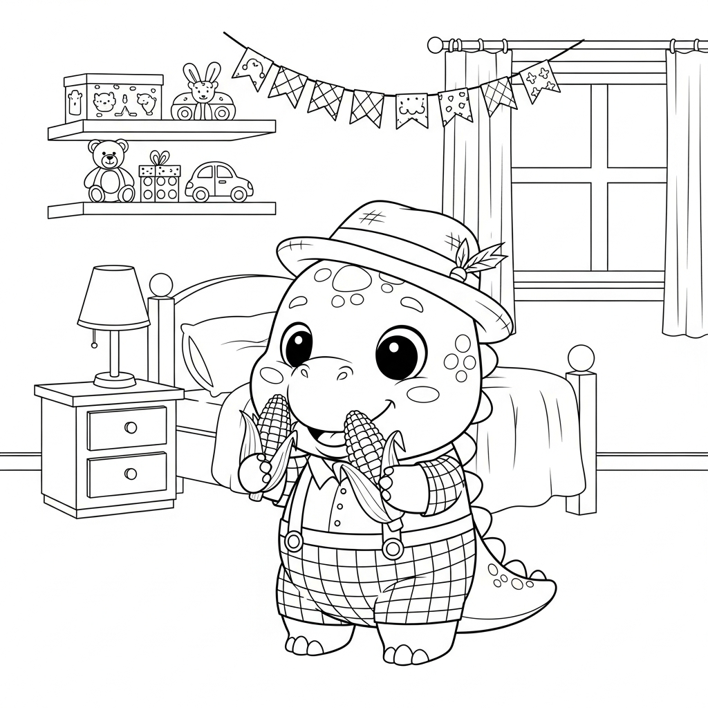 Desenho de dinossauro para colorir comendo milho na espiga em quarto com brinquedos