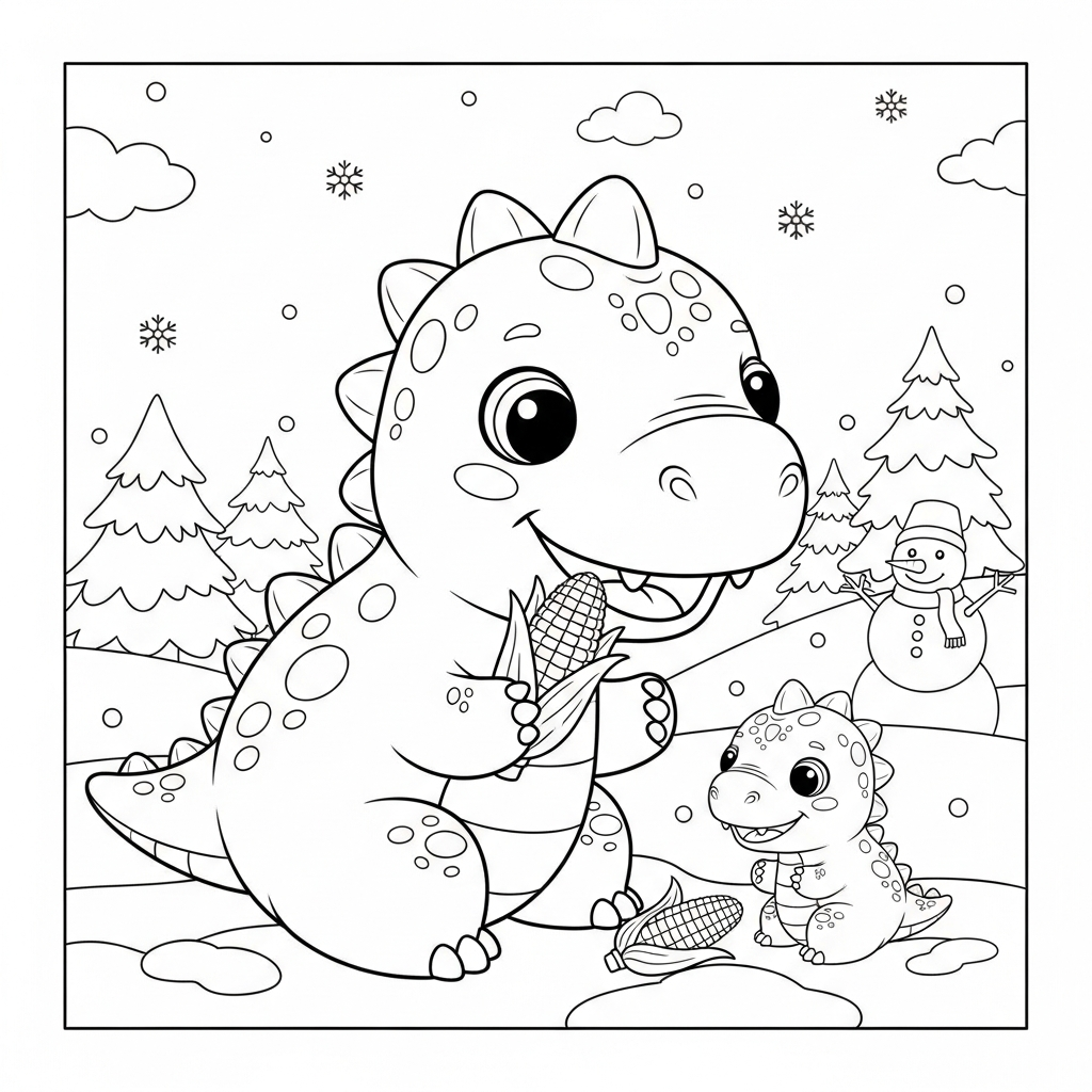 Desenho de dinossauro para colorir comendo milho na espiga entre pinheiros nevados.