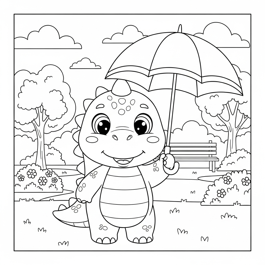 Desenho de dinossauro para colorir segurando guarda-chuva no parque ensolarado com árvores