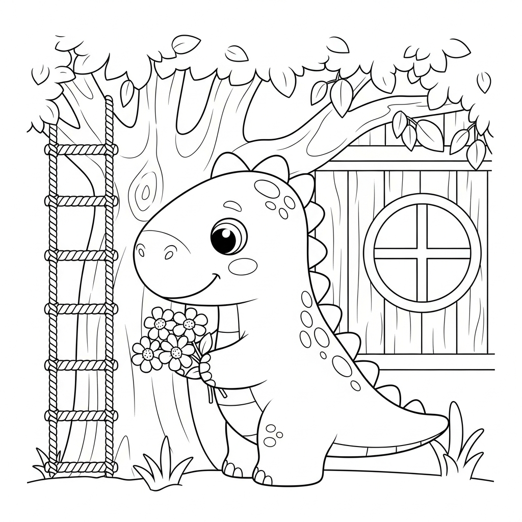 Desenho de dinossauro para colorir colhendo flores no campo perto da casa na árvore