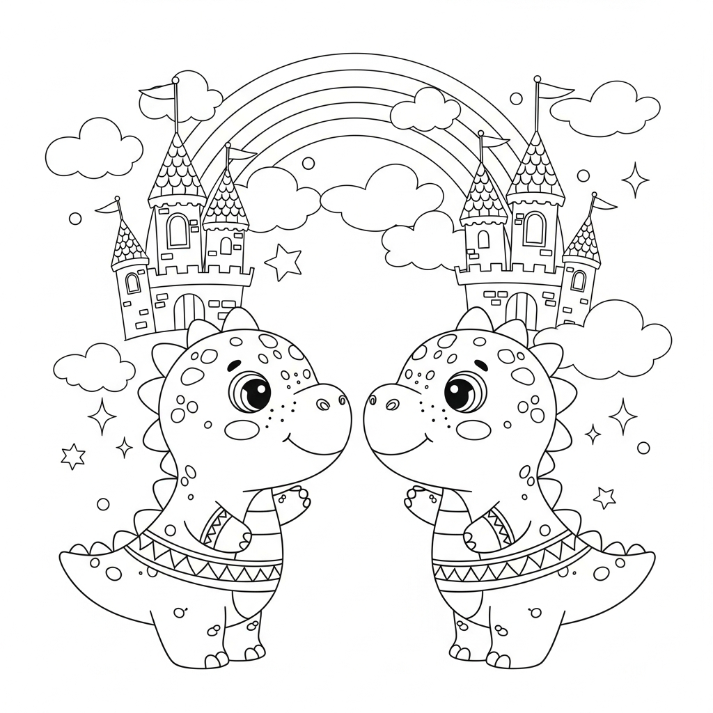 Desenho de dinossauro para colorir admirando arco-íris no castelo de conto de fadas