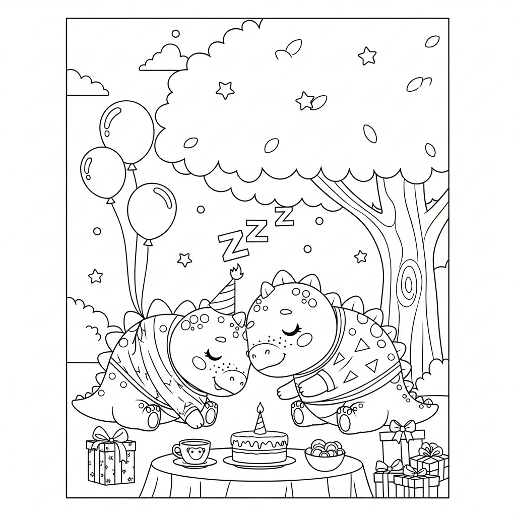 Desenho de dinossauro para colorir dormindo embaixo de árvore na festa de aniversário.