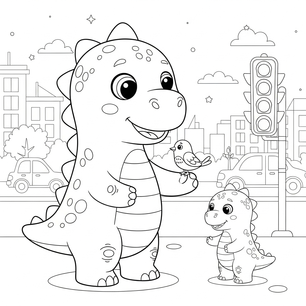 Desenho de dinossauro para colorir conversando com passarinho na mão na rua da cidade.