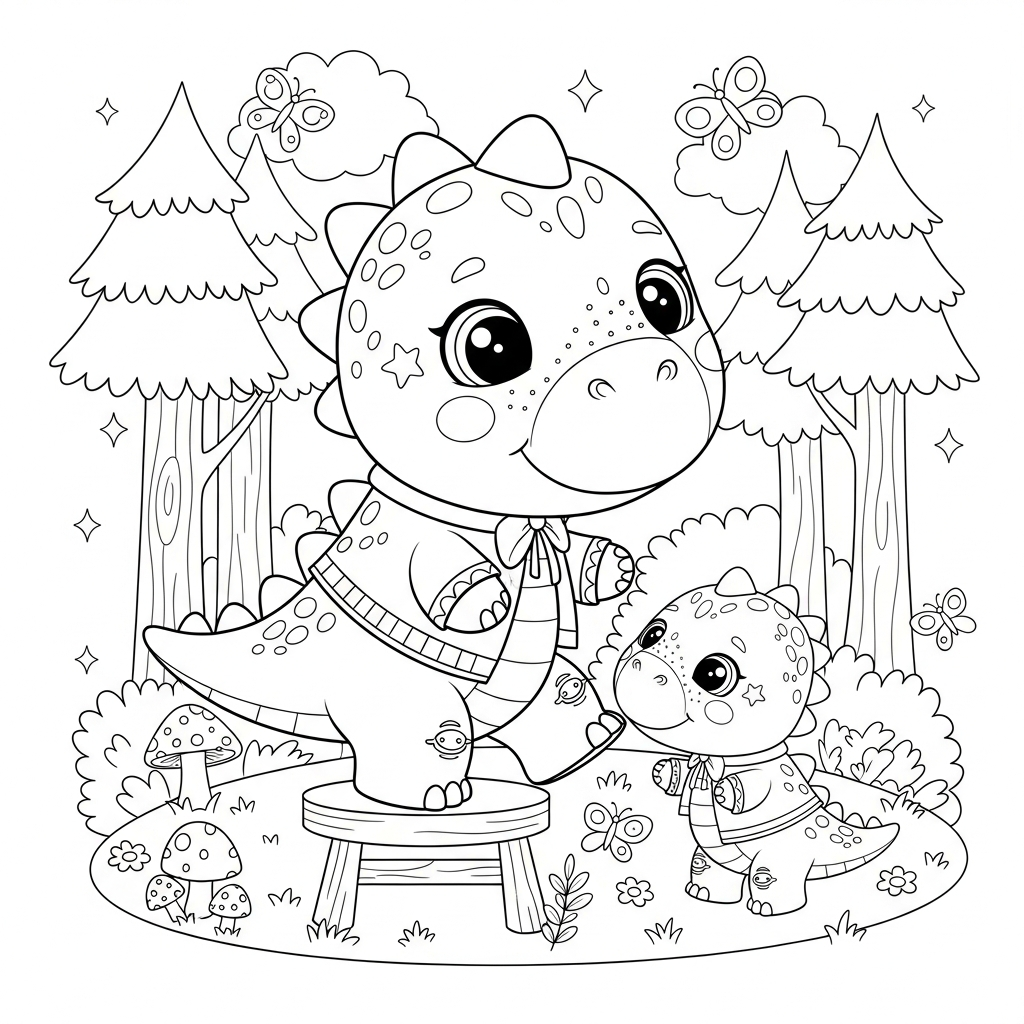 Desenho de dinossauro para colorir subindo em banco baixo na floresta com cogumelos.