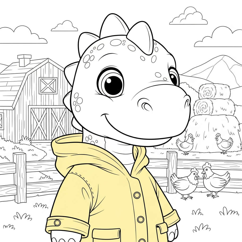 Desenho de dinossauro para colorir usando capa de chuva amarela e botinha na fazenda com celeiro
